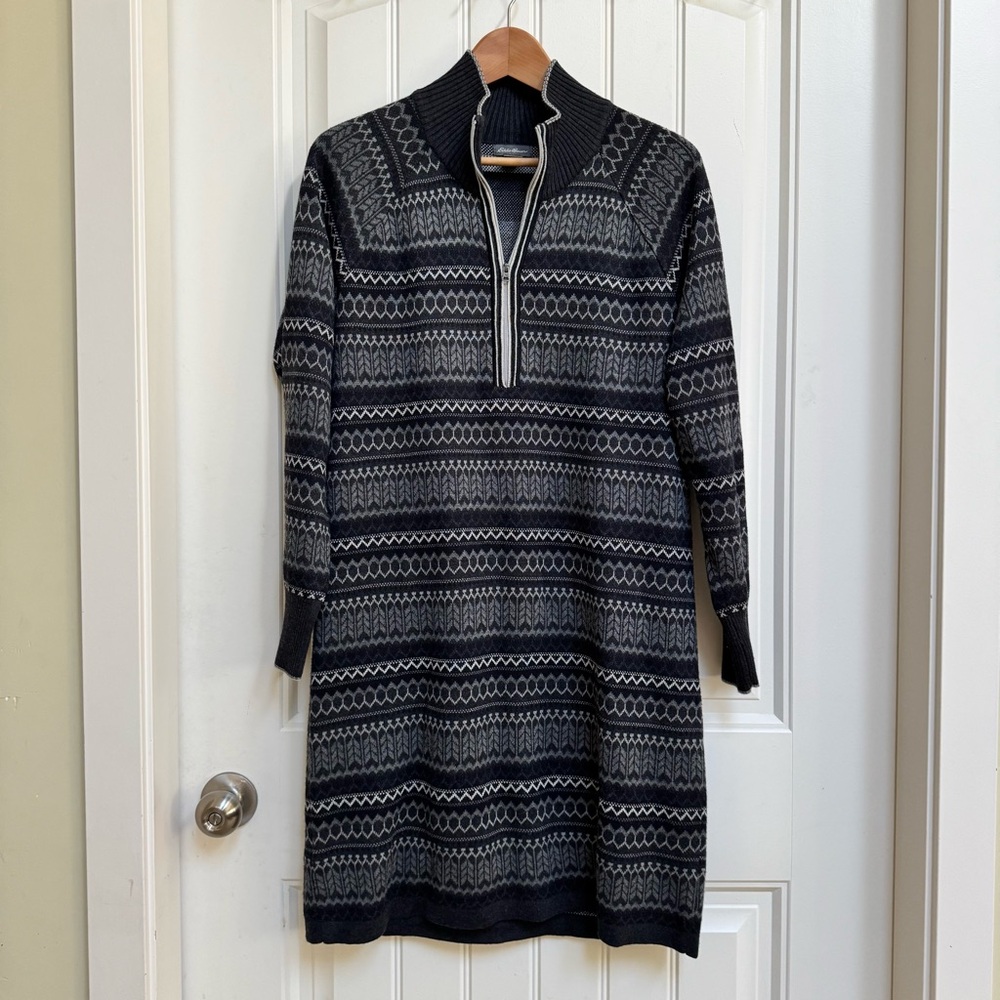 Eddie Bauer Engage Charcoal Grey Fair Isle Mock Neck Half Zip Sweater Dress. L